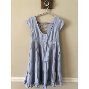 Altar'd State Womens Blue Cap Sleeve Dress Lace Up Back Pintucks Tiered